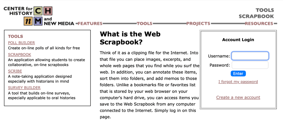 Screenshot of a Center for History and New Media web page showing the login page for Web Scrapbook.