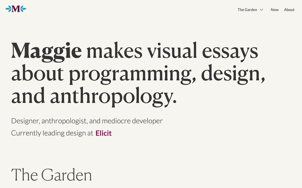 A screenshot of the home page with a large heading that reads: Maggie makes visual essays about programming, design, and anthropology.