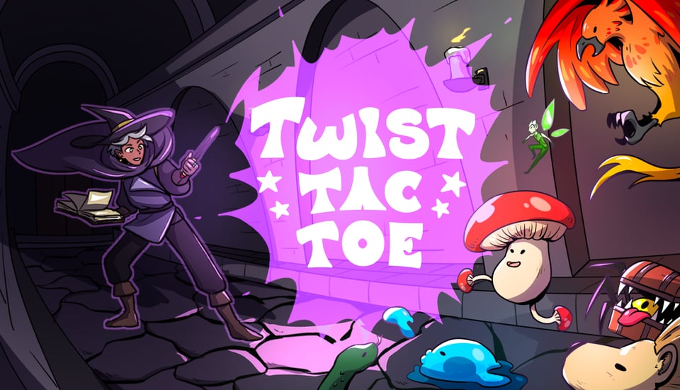 The main character from Twist-tac-toe casting a spell at various magical familiars.