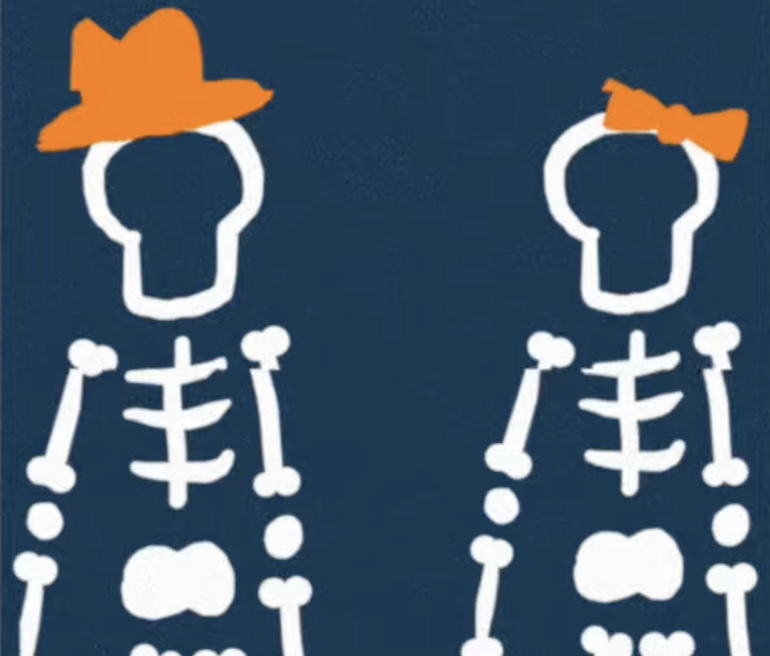 two animated skeletons walk side by side