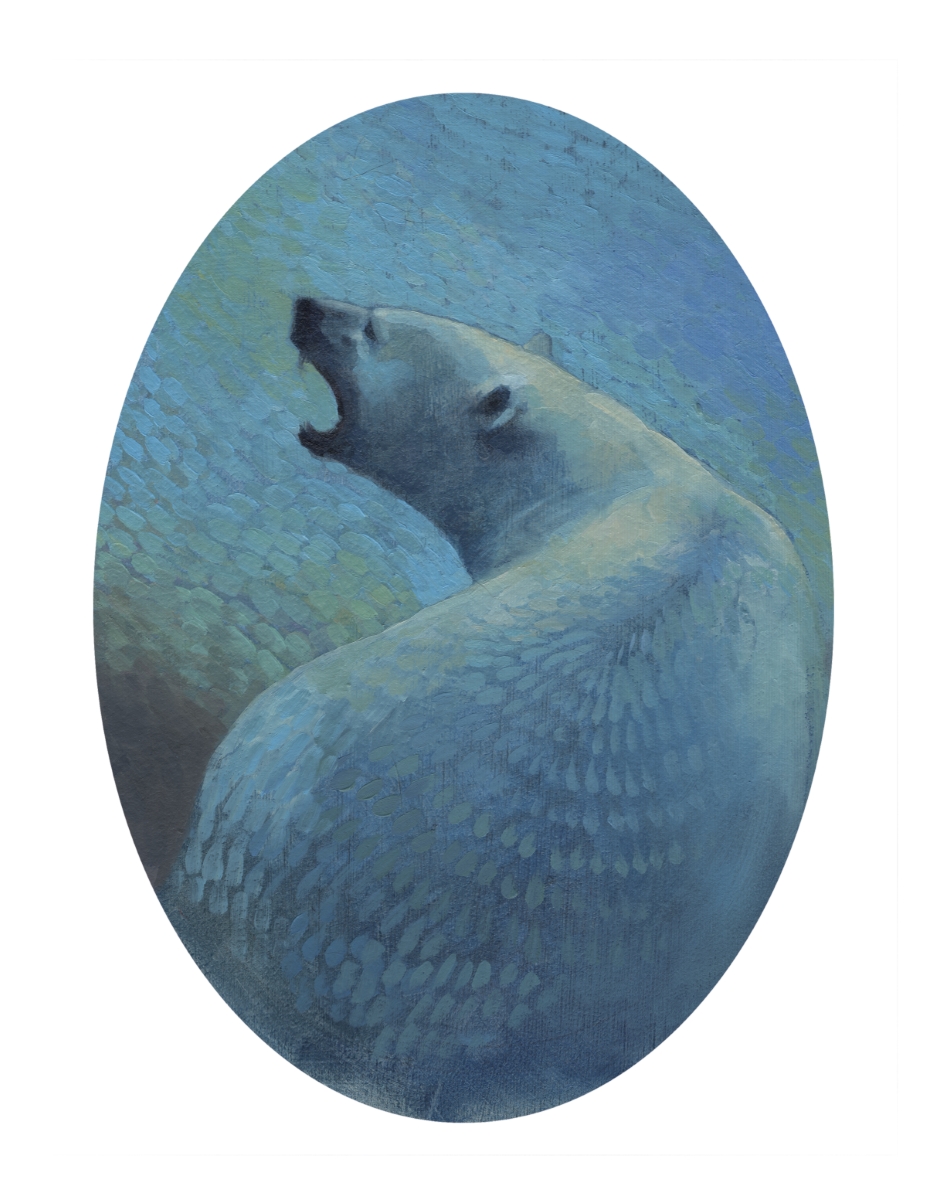 An oil painting of a polar bear named The Bear King, a character in the fairytale East of the Sun and West of the Moon. painted by Bronwyn Schuster. 