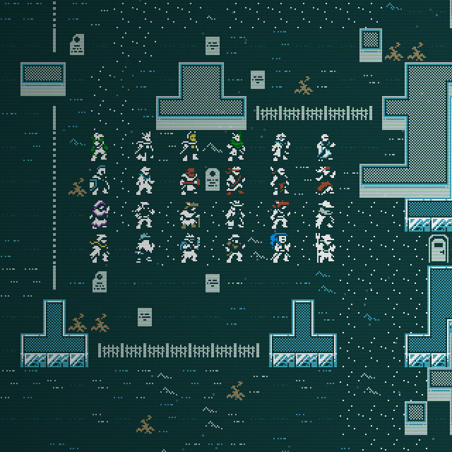 An 8 bit style screen shot showing a top down view of a graveyard with a variety of character sprites stood within it.