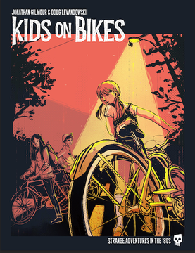 The cover art of Kids on Bikes featuring three kids on bikes underneath a street lamp.