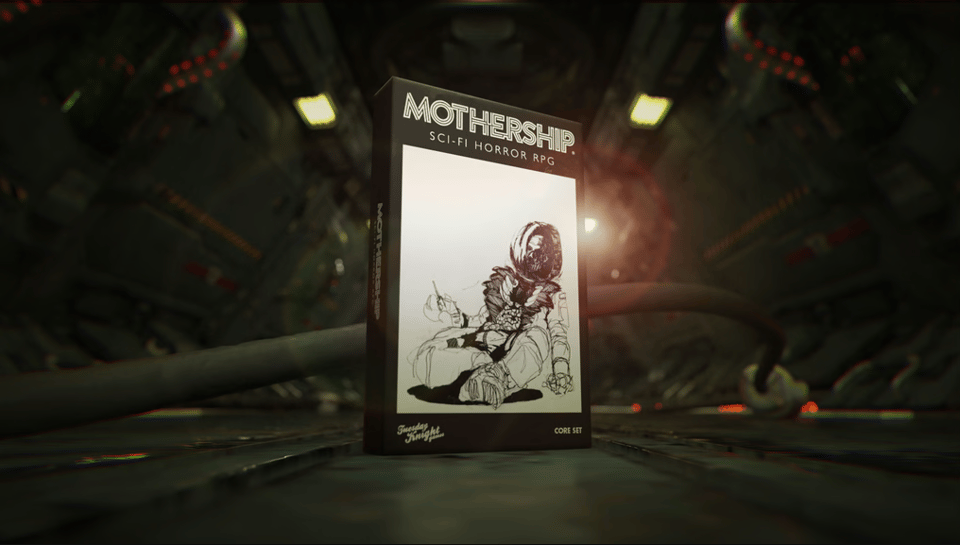 A promo image of the Mothership RPG box, against a dark sci-fi corridor background.