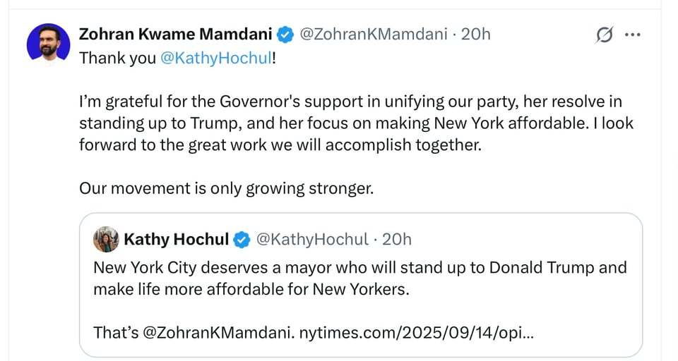 Mamdani welcomes the Governor’s endorsement.