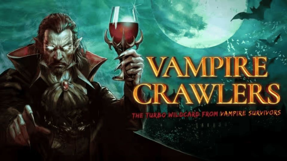 The title card for Vampire Crawlers with a vampire and a glass of... wine.