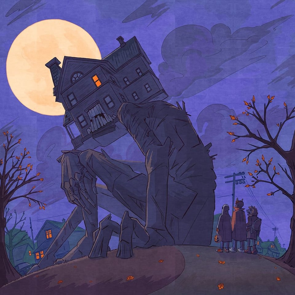 Trick or treaters pause on the street to look at a giant, sitting crouched over. Its head is a large house, with teeth for the door. Only one window is illuminated. The moon is large in the sky.