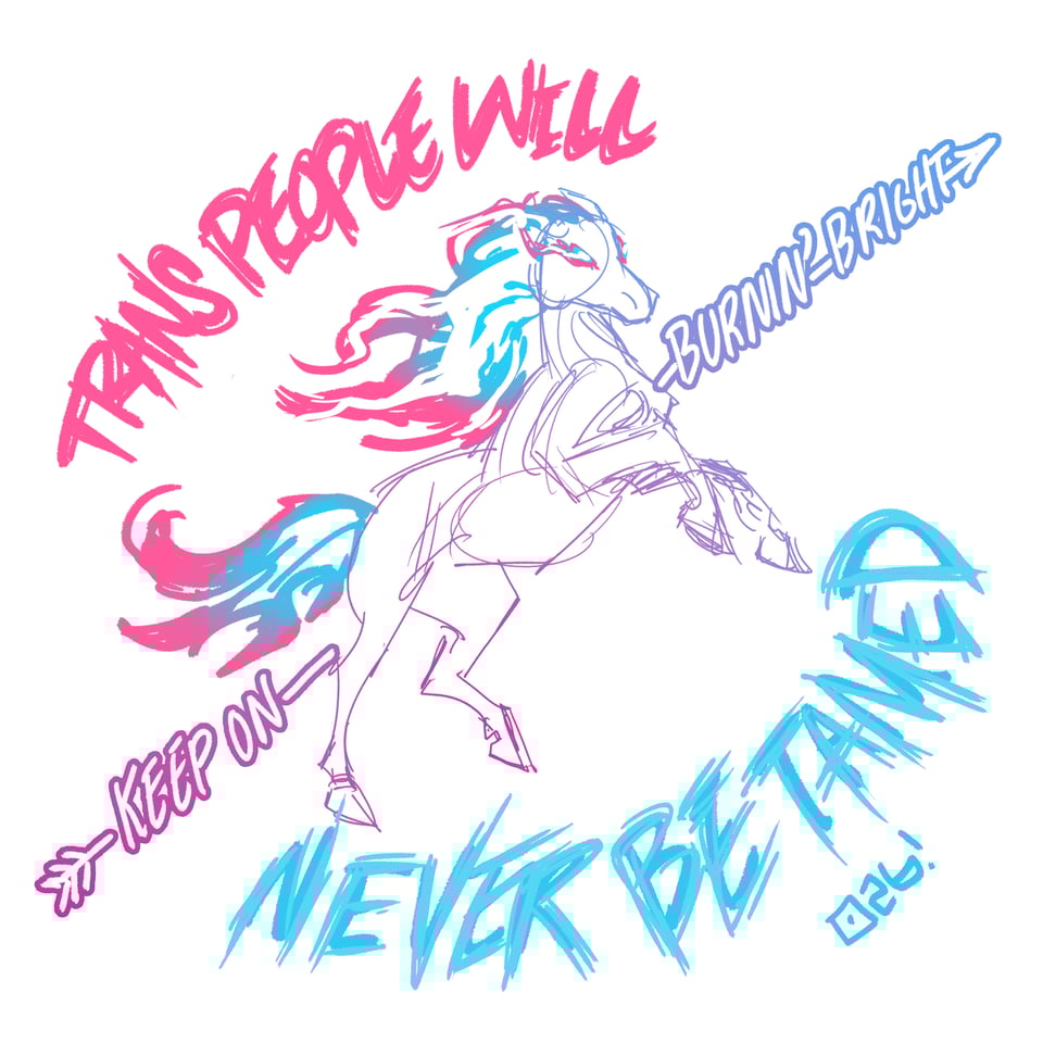 A flaming pink and blue horse rearing up with "Trans people will never be tamed" surrounding it and "Keep on burnin' bright" through it like an arrow.