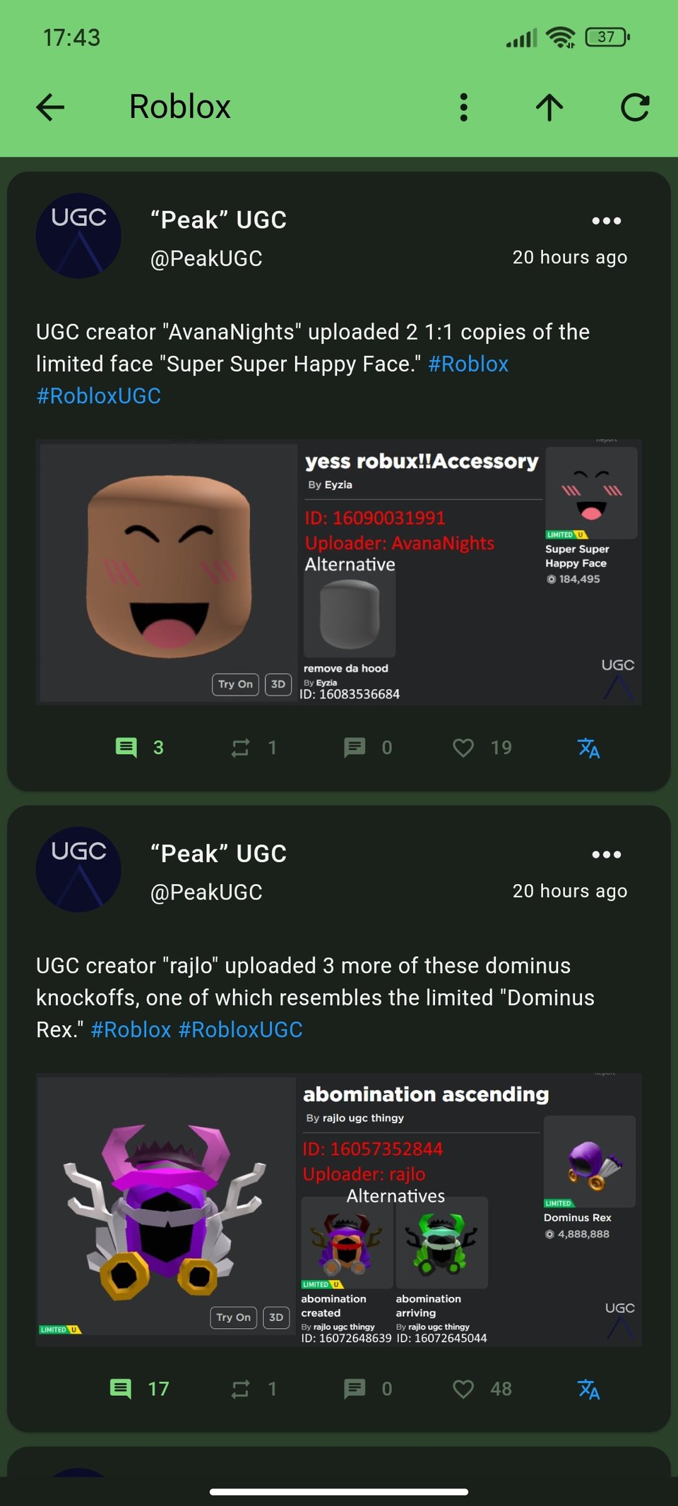 Roblox group in Squawker, showing latest posts from @PeakUGC