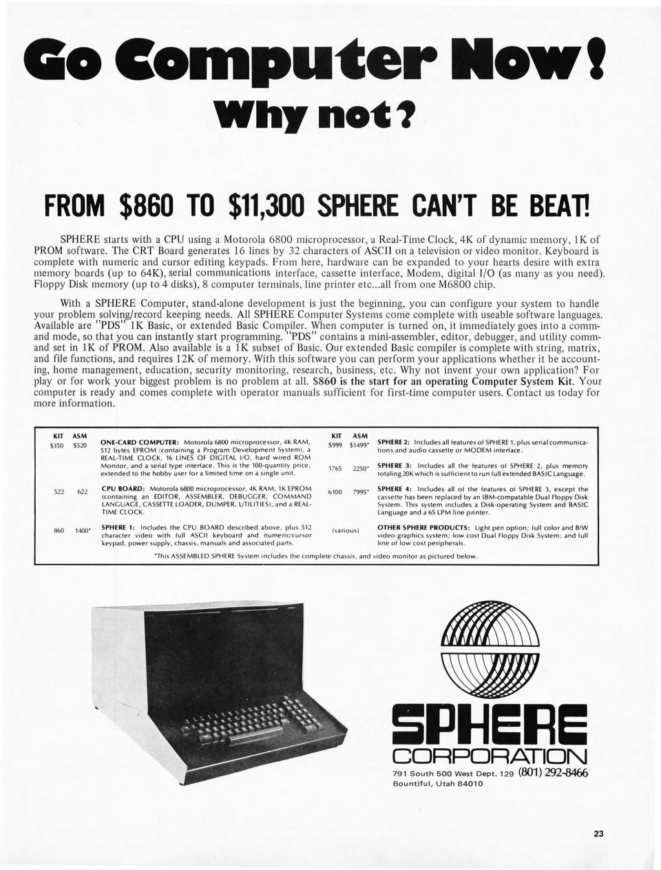 Sphere advertisement 1976 - Go Computer Now!
