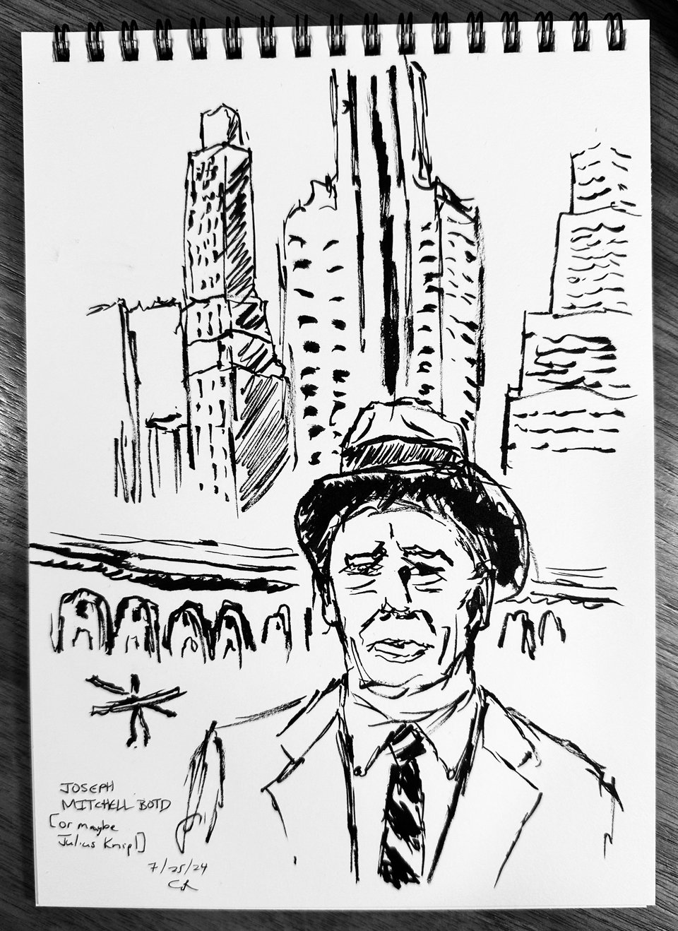 Photo of brush-pen sketch of writer Joseph Mitchell, who came out looking like Sterling Hayden drawn by Ben Katchor. He's standing in front of some buildings and a railway