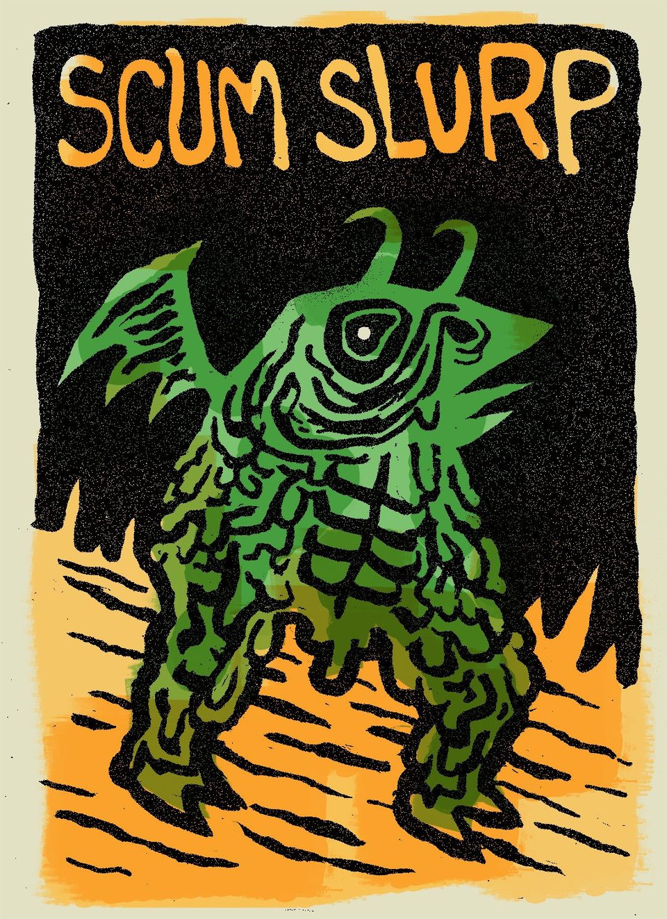The cover of SCUM SLURP, a comic-within-a-comic that Tori and Val encounter in 1997 in NO RACCOONS IN HELL. This cover features a green slimy being with a beak, horns, and wings... This art is right there on the Brink, man!