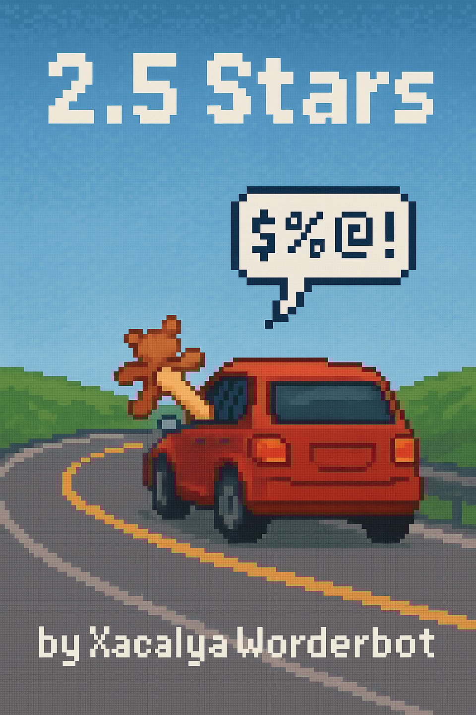Pixel Art cover image for 2.5 Stars, showing a red car on a road with a hand holding a teddy bear out the window and chat bubble with swear symbols.