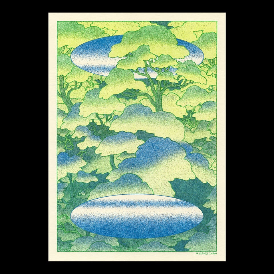 A risograph print: a dense growth of trees fills the print with green; an oval in shining blue is overlaid near the bottom and is reflected behind foliage near the top.