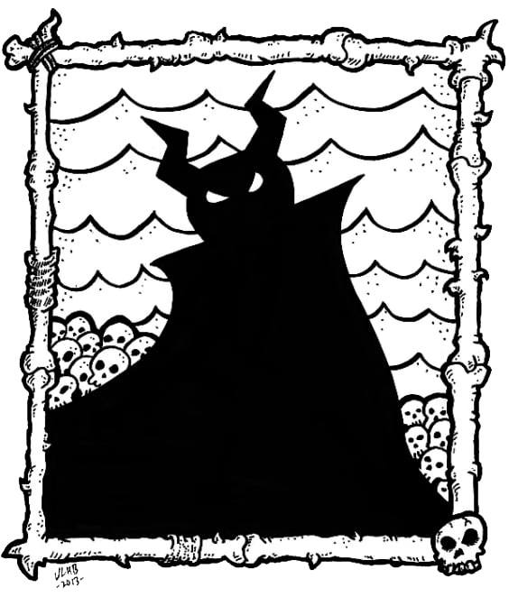 A drawing of a shadowy horned figure in front of waves and a pile of bones.