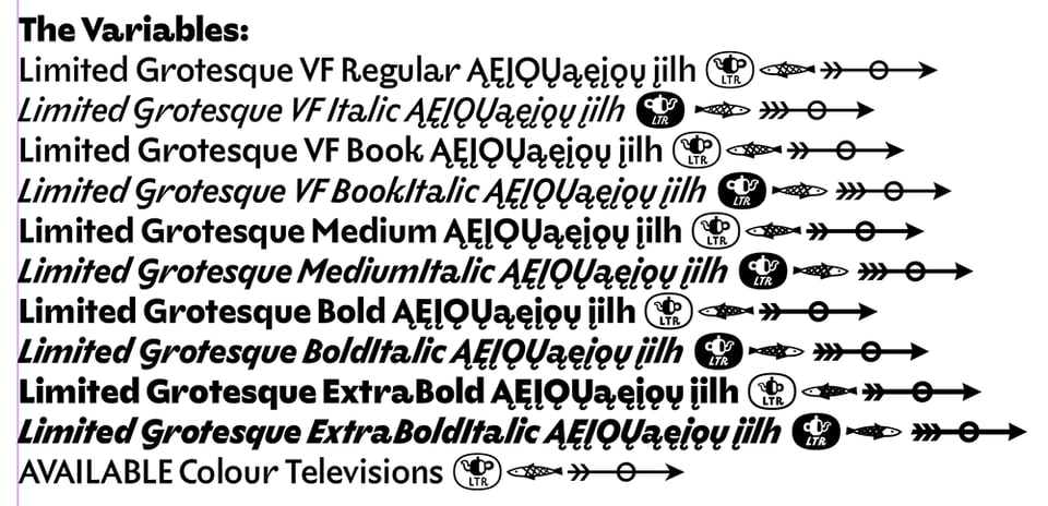 All the weights of LTR Limited Grotesque, and showing off some special letters.