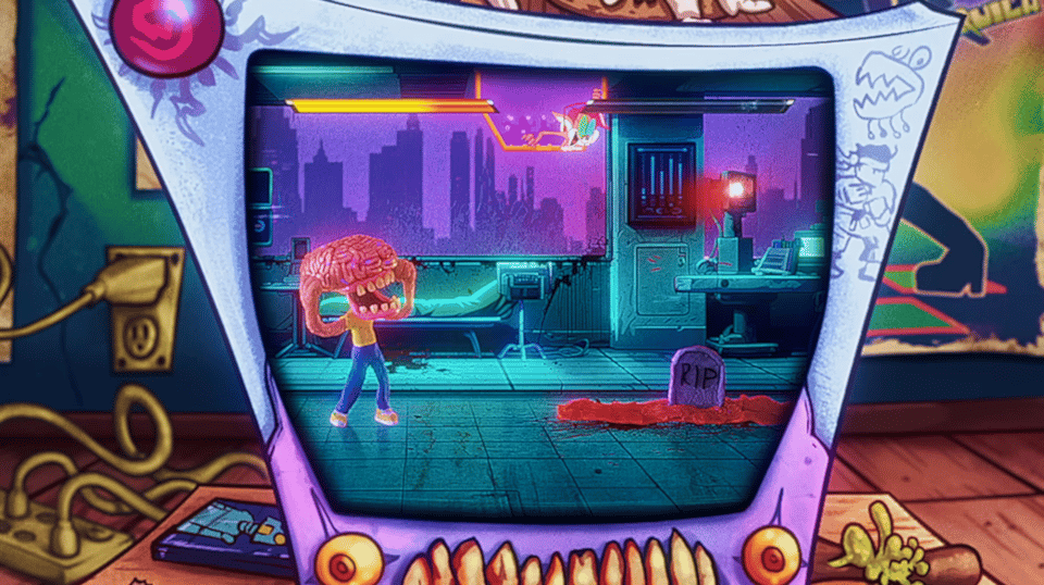 A shot of an asymettrically drawn television screen - depicting a fighting game. The characters on screen are animated with claymation, a beast with a giant brain for a head has beaten his opponent, who is now represented by a little tombstone.