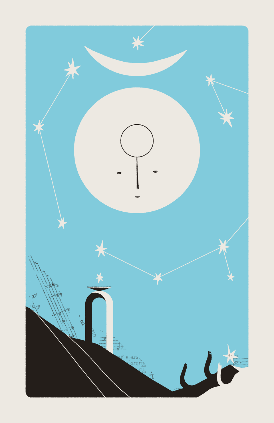 A moon goddess is surrounded by constellations, and she gazes upon a tranquil landscape.