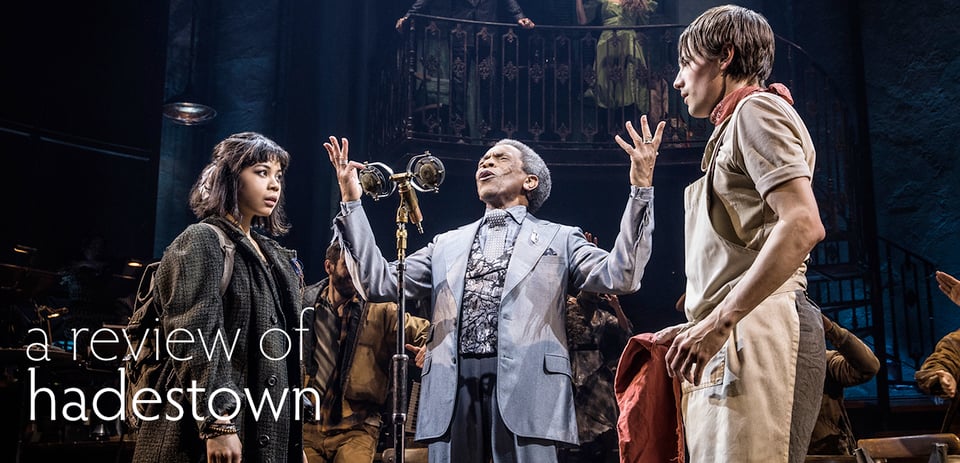 Header image of Orpheus and Eurydice seeing each other from the OBC with the text "A Review of Hadestown"