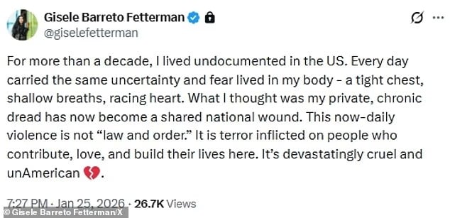 The wife of Senator John Fetterman pf PA posted this.👇