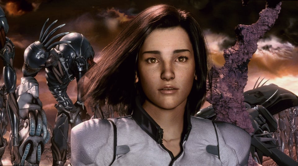 A woman in a flight suit surrounded by science fiction creatures