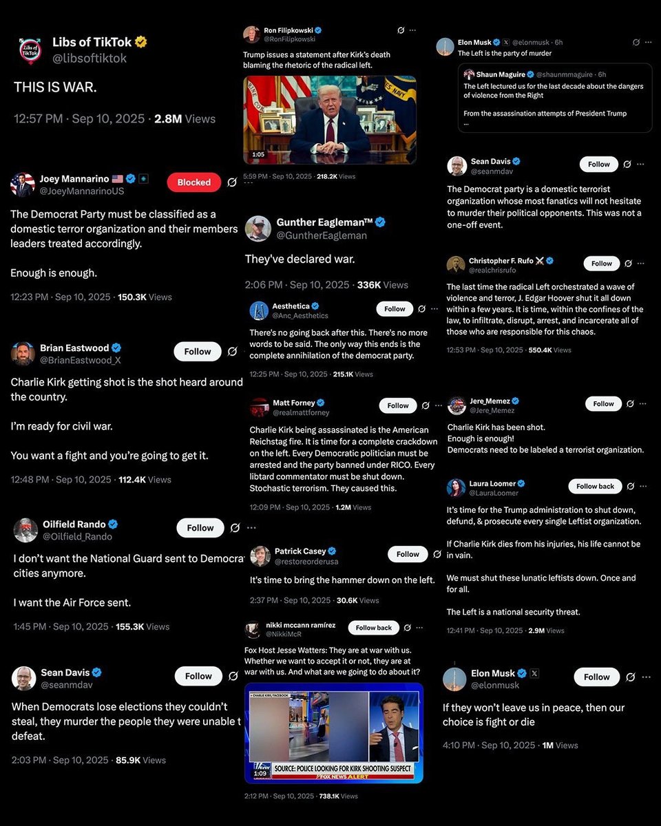 A series of posts from online pundits threatening violence and vengeance following the killing of Charlie Kirk