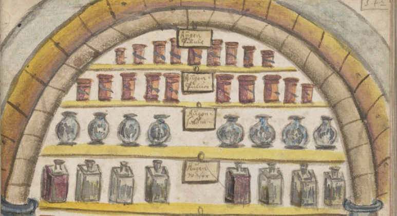 An illustration from 1675 of four shelves under an archway, full of bottles