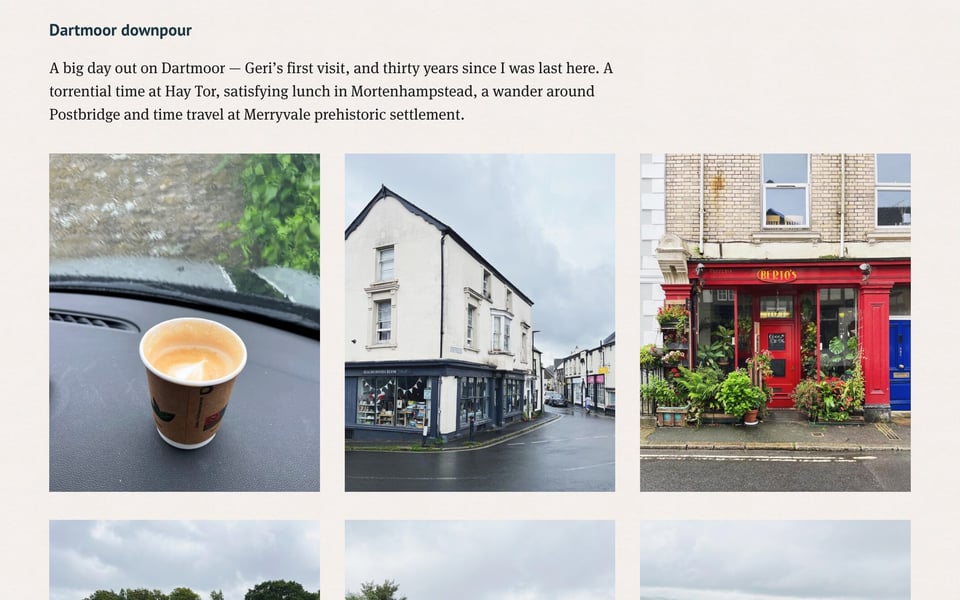 A page with a short text and several images showing a coffee, a street corner, and a flower shop.