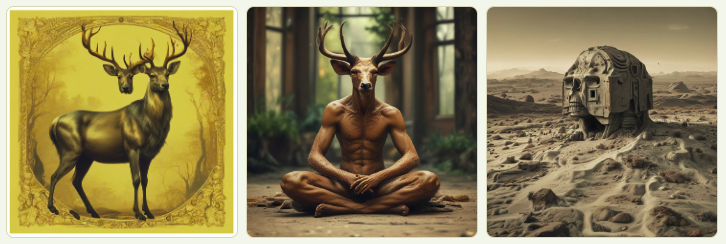 three images: a deer with an extra floating deer head ("Janus", a photorealistic carved deerheaded human, and a giant gray sandcastle-house-skull)