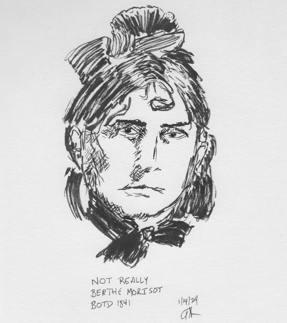 Brush-pen drawing of the impressionist painter Berthe Morisot. Eyes are WAY too close, but the hair came out okay, as did the ribbon around her throat.