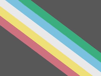 Rectangle with a dark gray background. A rainbow with five bands of colors stretches from the top left corner to the bottom right. The colors are (from the top): green, blue, white, gold, and red.