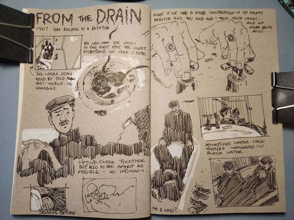 Double spread sketchbook page of ink drawings from David Cronenberg's From The Drain.