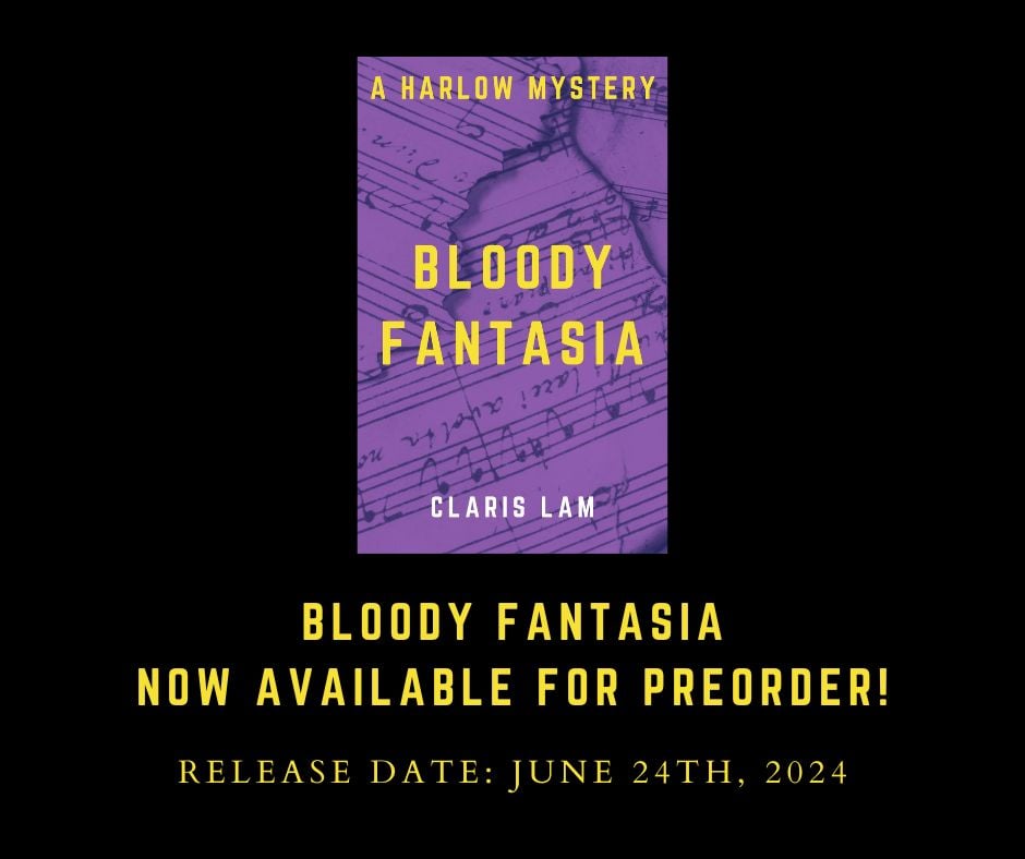 Image reads: "Bloody Fantasia Now Available For Preorder! Release date: June 24th, 2024." The text is yellow on a black background. The cover of "Bloody Fantasia" by Claris Lam is also displayed above the text and it is purple with yellow title text on it, with the author's name printed in white.