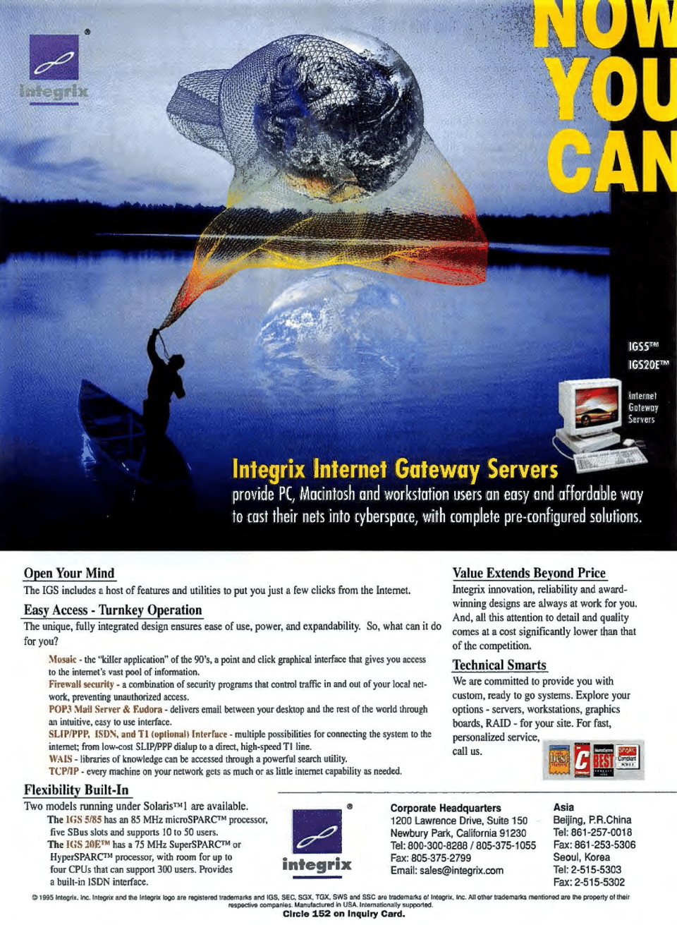 A magazine advertisement from the mid 90s showing a fisherman standing in a canoe in a lake, casting a wide net that seems to be landing on the planet earth, hovering just over the lake.