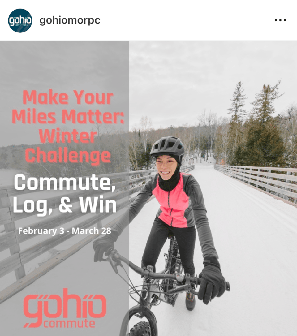 A person riding a bike on a snowy trail. Text: Make your miles matter: winter challenge. Commute, Log, and win. February 3 to March 28