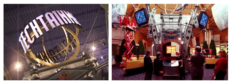 A diptych of images. On the left is a Daily Planet-esque globe sculpture with “Techtainment” across it in big letters. On the right is one of the kiosks described above.