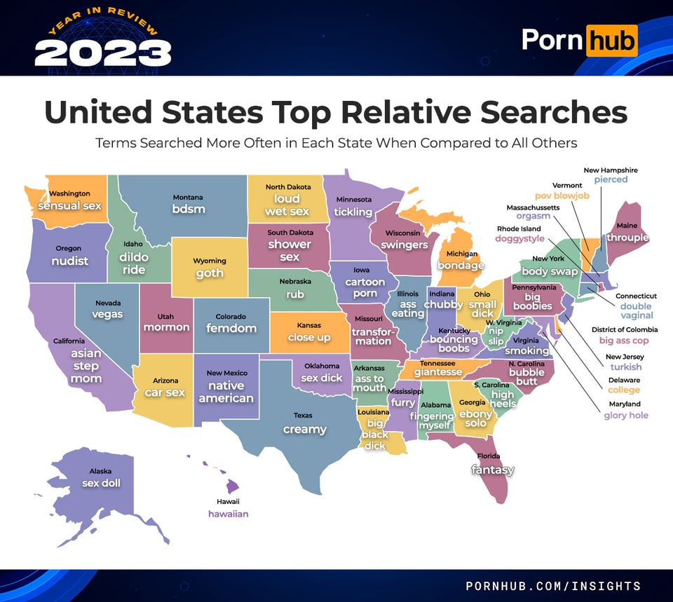 Map of the United States, generated by PornHub, listing the most popular porn search topics for each state.