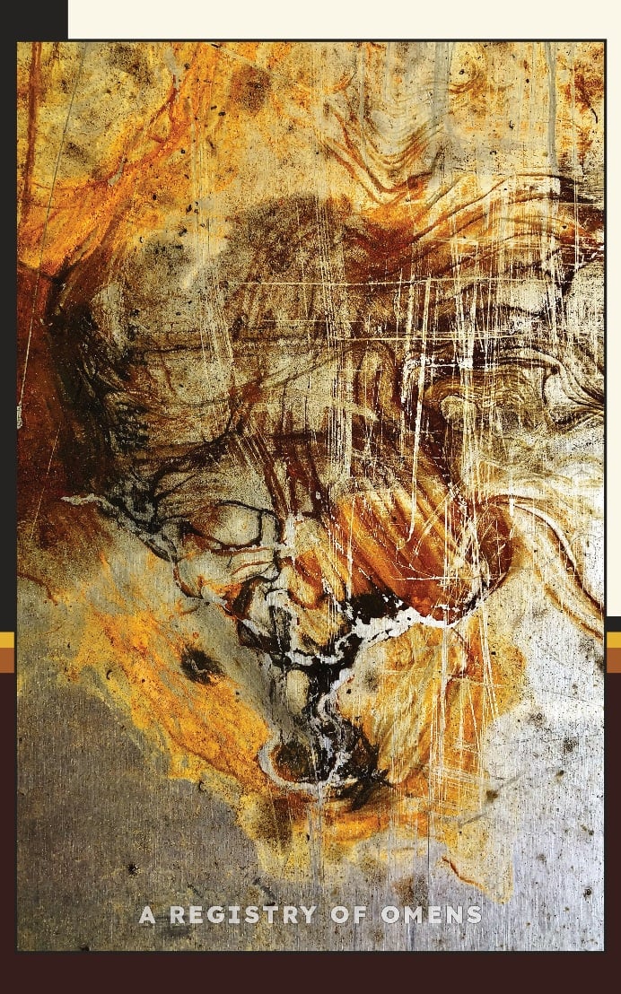 The cover of A Registry of Omens, showing found metal with marks on it that look like the face of a goblin.