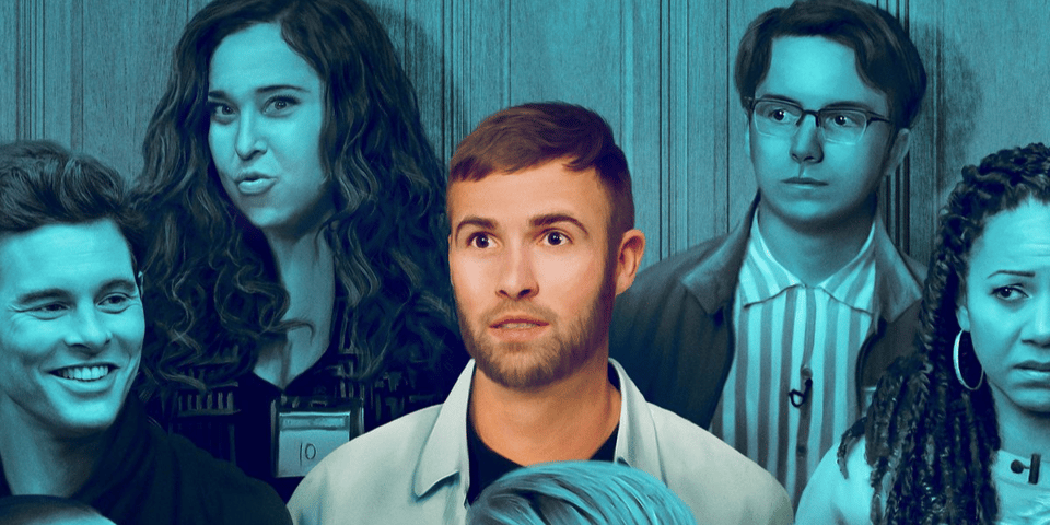 A blue tinted image with Ronald, the star of Jury Duty, the only person depicted in full colour.