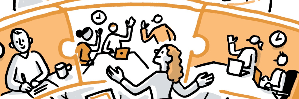 Alt: Hand-drawn image of hybrid meetings, where three screens featuring people waving, writing, and typing on computers while a person stands with her workstation in front of them.