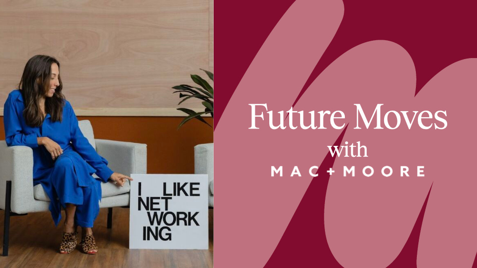 Isabel sitting in a chair wearing a blue suit with the words future moves with mac moore