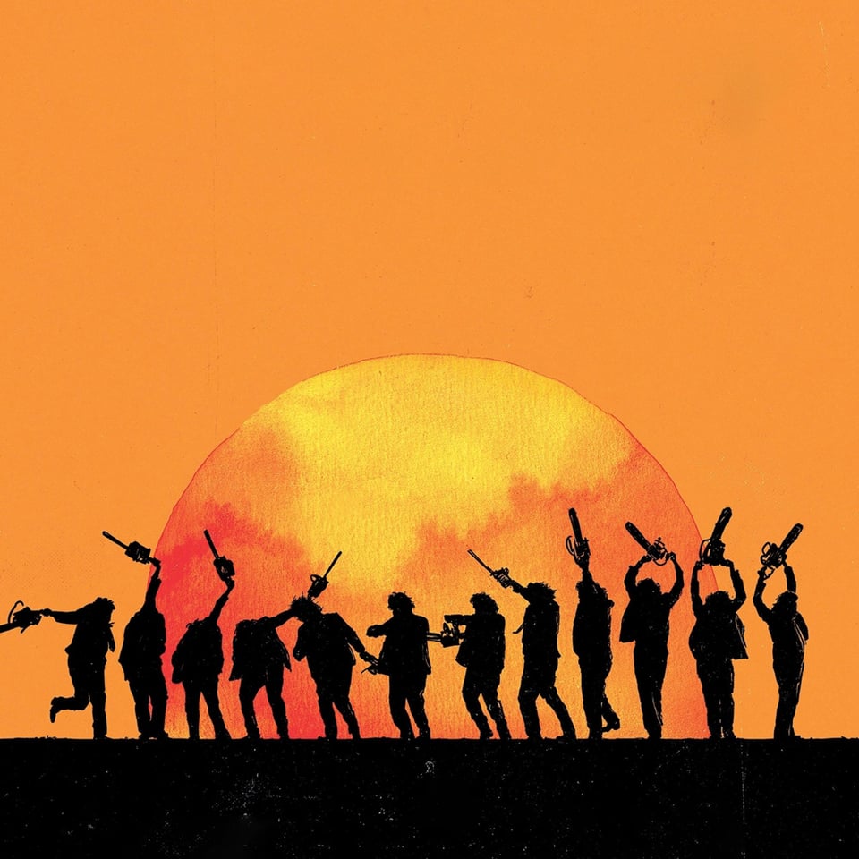 Illustration from the poster for the film Chain Reactions: TCSM's Leatherface angrily spins and waves his chainsaw against an orange sky and a large angry sun.