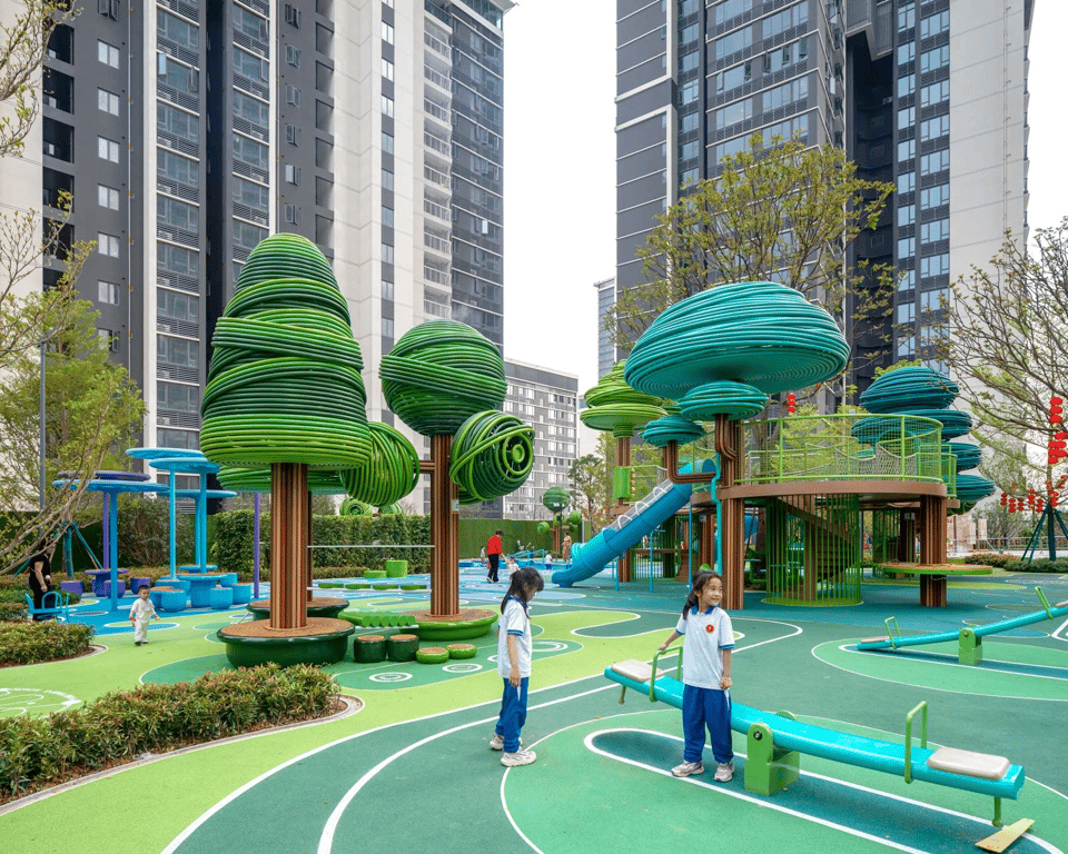 A vibrant and futuristic playground with a nature-inspired theme, located among tall residential buildings. It looks kind of like a Mario level! The playground features whimsical artificial trees with spiral, layered green canopies and wooden trunks. Elevated play structures connect the trees, including slides and rope bridges. The ground is a soft, colorful surface in shades of green and blue with playful patterns and curving pathways. Two young children in matching blue-and-white outfits play near a seesaw, while other children and adults explore the area in the background.