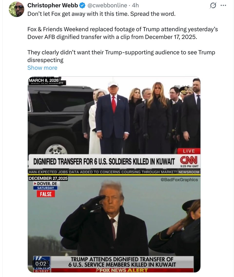 Trump in his cap greeting the remains of our troops. Fox tried to stop America from knowing.