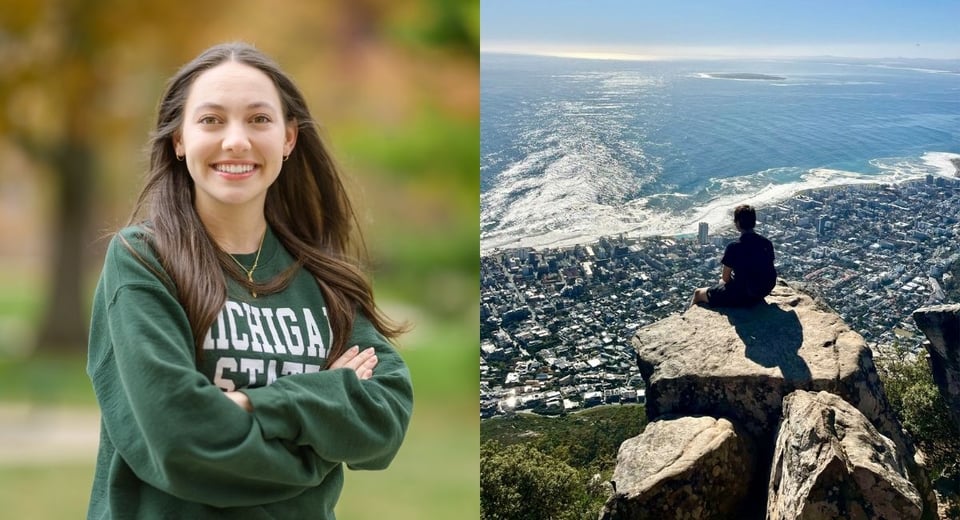 Photo is a split screen, showing JMC student Taylor Regester, wearing a green MSU sweatshirt, on the left. On the right is Cole Johnson, photographed in Cape Town, South Africa.