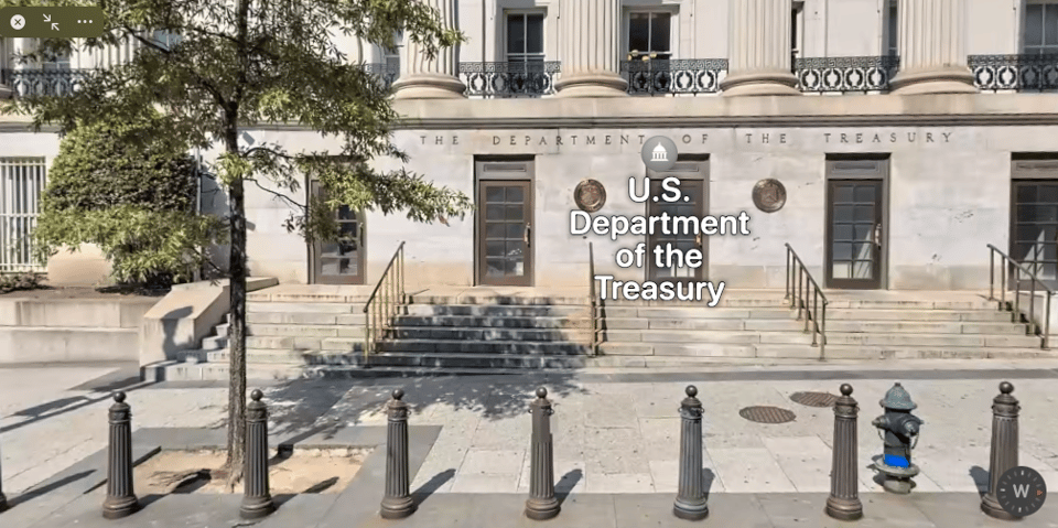 The front of the U.S. Treasury Department, as screenshotted from Apple Maps