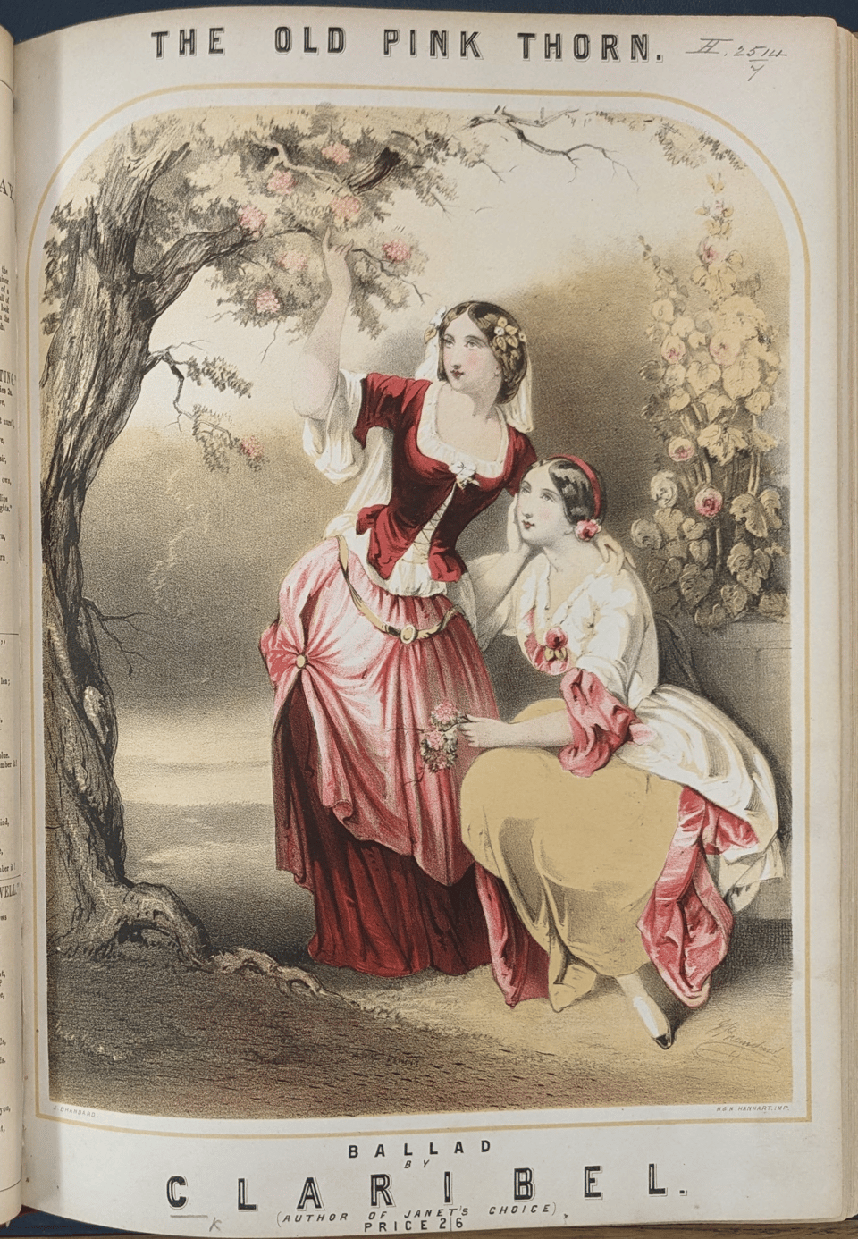 A colored lithograph depicting two young women in comparable poofy, historically unidentifiable gowns -- one predominantly red and pink, one white/pink/yellow. They're staring peacefully (or placidly) at a branch of an English hawthorn tree that's in full pink bloom.