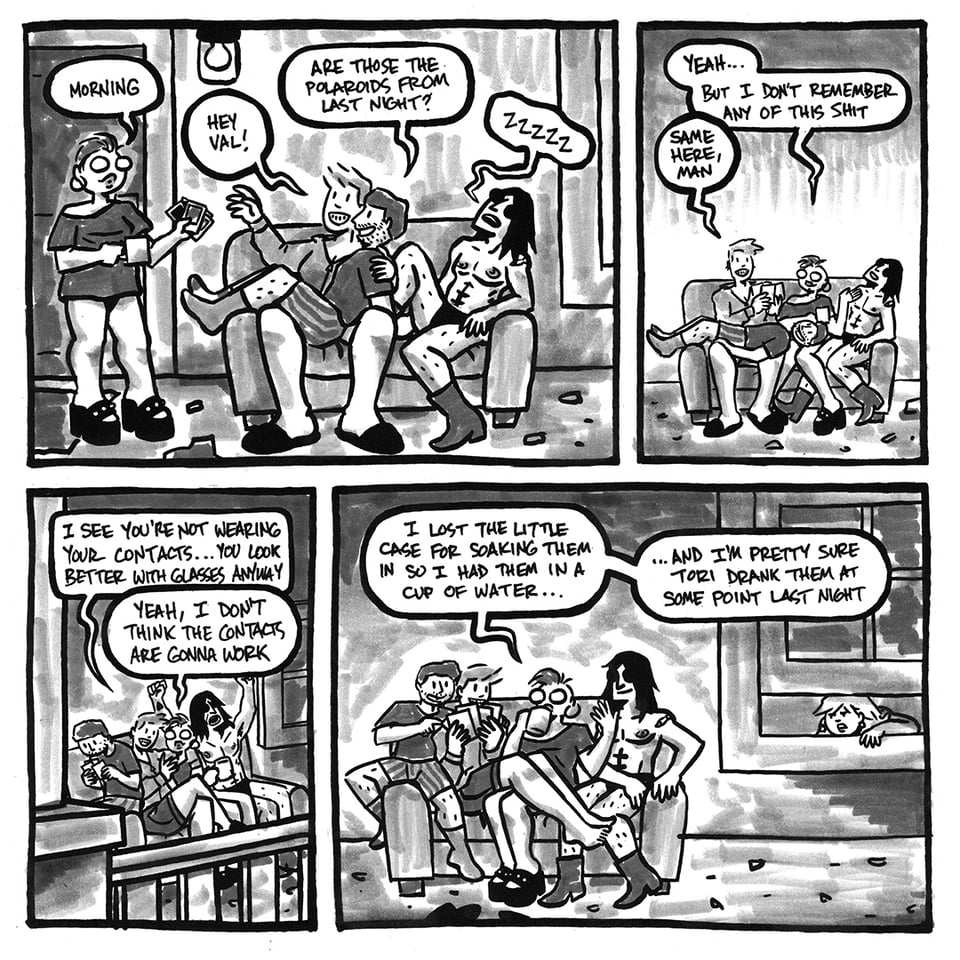 Page 2 of No Raccoons in Hell. Val meets up with most of her roommates on the porch. They seem pretty exhausted.