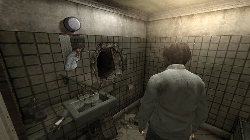 Henry from Silent Hill 4: The Room, looking at the mysterious hole that appeared in his bathroom wall