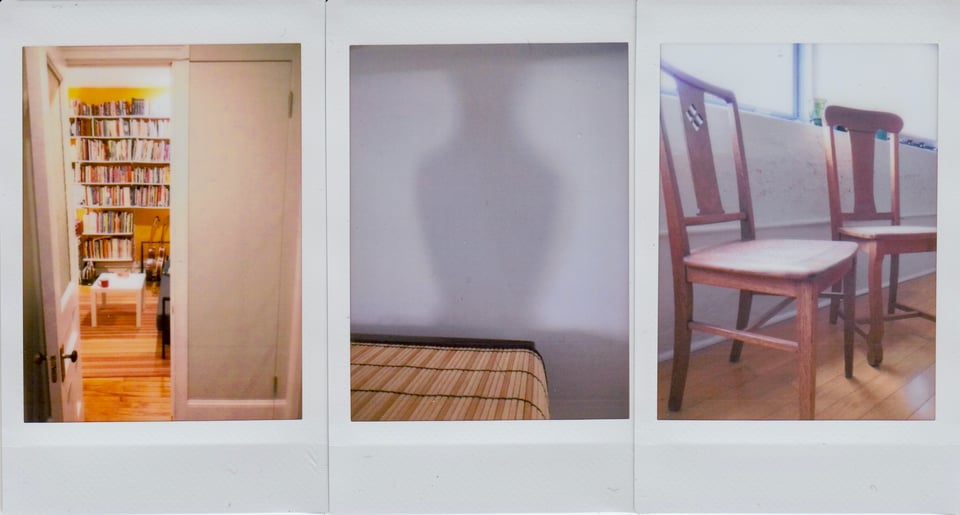 3 Instax photos: left, a half-door open revealing a studio filled with bookshelves; center, the shadow on a wall of a curvaceous lamp, with a bamboo runner in the foreground; right, two wooden chairs in front of a window, with wicker seats